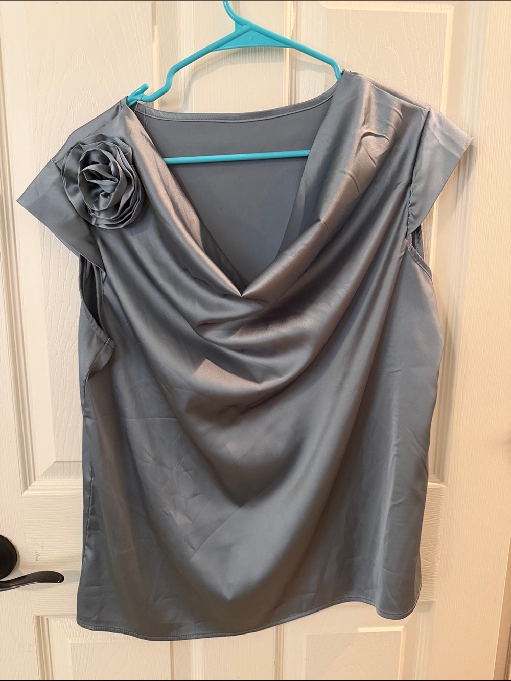 Sleeveless Cowl Neck blouse with Rosette Detail - Gray